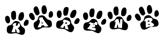 The image shows a series of animal paw prints arranged horizontally. Within each paw print, there's a letter; together they spell Karenb