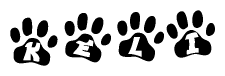 The image shows a row of animal paw prints, each containing a letter. The letters spell out the word Keli within the paw prints.