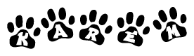 The image shows a series of animal paw prints arranged in a horizontal line. Each paw print contains a letter, and together they spell out the word Karem.