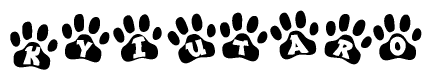 The image shows a series of animal paw prints arranged in a horizontal line. Each paw print contains a letter, and together they spell out the word Kyiutaro.