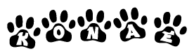 The image shows a series of animal paw prints arranged in a horizontal line. Each paw print contains a letter, and together they spell out the word Konae.