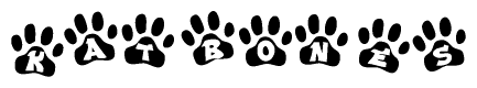 The image shows a series of animal paw prints arranged in a horizontal line. Each paw print contains a letter, and together they spell out the word Katbones.