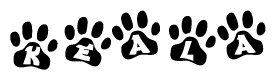 The image shows a row of animal paw prints, each containing a letter. The letters spell out the word Keala within the paw prints.