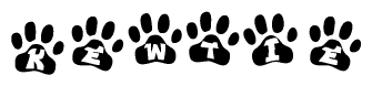 The image shows a series of animal paw prints arranged horizontally. Within each paw print, there's a letter; together they spell Kewtie