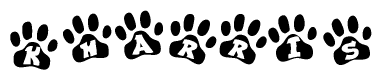 The image shows a series of animal paw prints arranged in a horizontal line. Each paw print contains a letter, and together they spell out the word Kharris.