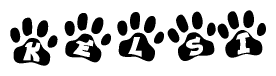 The image shows a series of animal paw prints arranged in a horizontal line. Each paw print contains a letter, and together they spell out the word Kelsi.