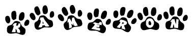 The image shows a series of animal paw prints arranged horizontally. Within each paw print, there's a letter; together they spell Kameron