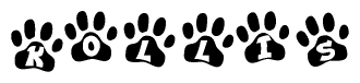 The image shows a row of animal paw prints, each containing a letter. The letters spell out the word Kollis within the paw prints.