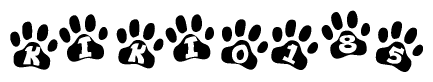 The image shows a series of animal paw prints arranged in a horizontal line. Each paw print contains a letter, and together they spell out the word Kiki0185.