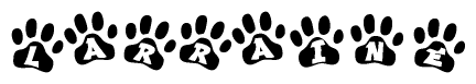 The image shows a series of animal paw prints arranged horizontally. Within each paw print, there's a letter; together they spell Larraine