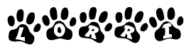 The image shows a series of animal paw prints arranged horizontally. Within each paw print, there's a letter; together they spell Lorri