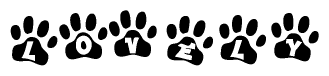 The image shows a series of animal paw prints arranged horizontally. Within each paw print, there's a letter; together they spell Lovely