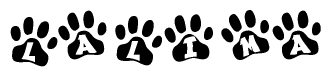 The image shows a series of animal paw prints arranged horizontally. Within each paw print, there's a letter; together they spell Lalima