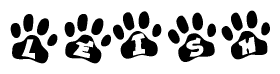The image shows a row of animal paw prints, each containing a letter. The letters spell out the word Leish within the paw prints.