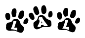 The image shows a series of animal paw prints arranged in a horizontal line. Each paw print contains a letter, and together they spell out the word Lal.