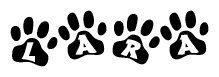 The image shows a series of animal paw prints arranged horizontally. Within each paw print, there's a letter; together they spell Lara