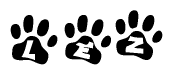 The image shows a series of animal paw prints arranged in a horizontal line. Each paw print contains a letter, and together they spell out the word Lez.