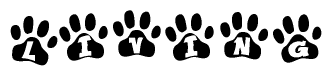 The image shows a series of animal paw prints arranged horizontally. Within each paw print, there's a letter; together they spell Living