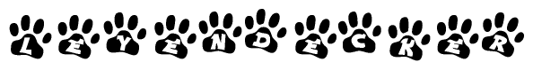 The image shows a series of animal paw prints arranged in a horizontal line. Each paw print contains a letter, and together they spell out the word Leyendecker.