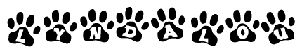 The image shows a row of animal paw prints, each containing a letter. The letters spell out the word Lyndalou within the paw prints.