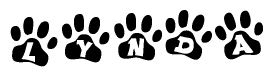 The image shows a row of animal paw prints, each containing a letter. The letters spell out the word Lynda within the paw prints.