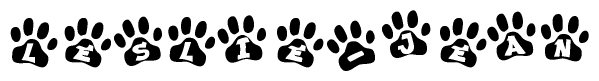 The image shows a series of animal paw prints arranged horizontally. Within each paw print, there's a letter; together they spell Leslie-jean