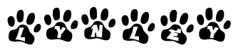 The image shows a series of animal paw prints arranged in a horizontal line. Each paw print contains a letter, and together they spell out the word Lynley.
