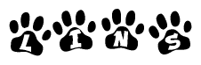 The image shows a row of animal paw prints, each containing a letter. The letters spell out the word Lins within the paw prints.