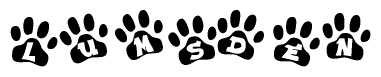 The image shows a series of animal paw prints arranged horizontally. Within each paw print, there's a letter; together they spell Lumsden