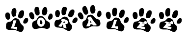 The image shows a series of animal paw prints arranged in a horizontal line. Each paw print contains a letter, and together they spell out the word Loralee.
