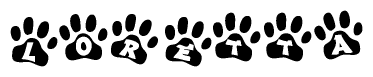 The image shows a row of animal paw prints, each containing a letter. The letters spell out the word Loretta within the paw prints.