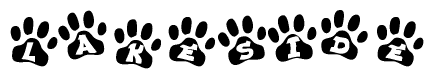 The image shows a row of animal paw prints, each containing a letter. The letters spell out the word Lakeside within the paw prints.
