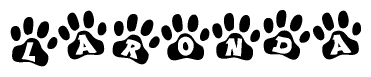 The image shows a series of animal paw prints arranged in a horizontal line. Each paw print contains a letter, and together they spell out the word Laronda.