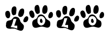 The image shows a row of animal paw prints, each containing a letter. The letters spell out the word Lolo within the paw prints.