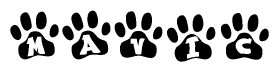 The image shows a row of animal paw prints, each containing a letter. The letters spell out the word Mavic within the paw prints.