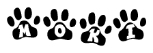 The image shows a series of animal paw prints arranged horizontally. Within each paw print, there's a letter; together they spell Moki