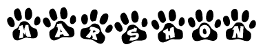The image shows a series of animal paw prints arranged in a horizontal line. Each paw print contains a letter, and together they spell out the word Marshon.