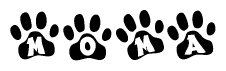 The image shows a series of animal paw prints arranged horizontally. Within each paw print, there's a letter; together they spell Moma
