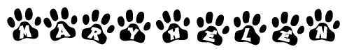 The image shows a series of animal paw prints arranged in a horizontal line. Each paw print contains a letter, and together they spell out the word Maryhelen.