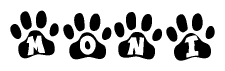 The image shows a row of animal paw prints, each containing a letter. The letters spell out the word Moni within the paw prints.