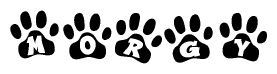 The image shows a series of animal paw prints arranged in a horizontal line. Each paw print contains a letter, and together they spell out the word Morgy.