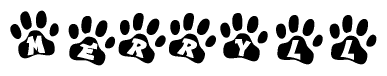 The image shows a series of animal paw prints arranged in a horizontal line. Each paw print contains a letter, and together they spell out the word Merryll.