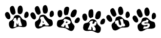 The image shows a series of animal paw prints arranged in a horizontal line. Each paw print contains a letter, and together they spell out the word Markus.