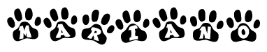 The image shows a series of animal paw prints arranged in a horizontal line. Each paw print contains a letter, and together they spell out the word Mariano.