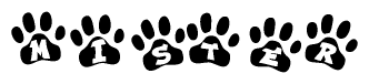 The image shows a series of animal paw prints arranged in a horizontal line. Each paw print contains a letter, and together they spell out the word Mister.