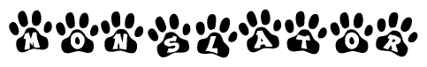 The image shows a series of animal paw prints arranged horizontally. Within each paw print, there's a letter; together they spell Monslator