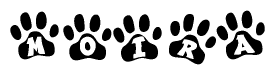 The image shows a series of animal paw prints arranged horizontally. Within each paw print, there's a letter; together they spell Moira