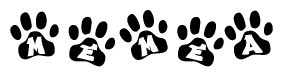 The image shows a series of animal paw prints arranged in a horizontal line. Each paw print contains a letter, and together they spell out the word Memea.