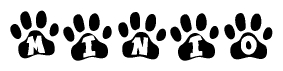 The image shows a series of animal paw prints arranged horizontally. Within each paw print, there's a letter; together they spell Minio