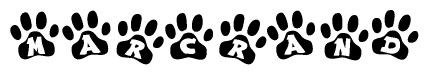 The image shows a row of animal paw prints, each containing a letter. The letters spell out the word Marcrand within the paw prints.